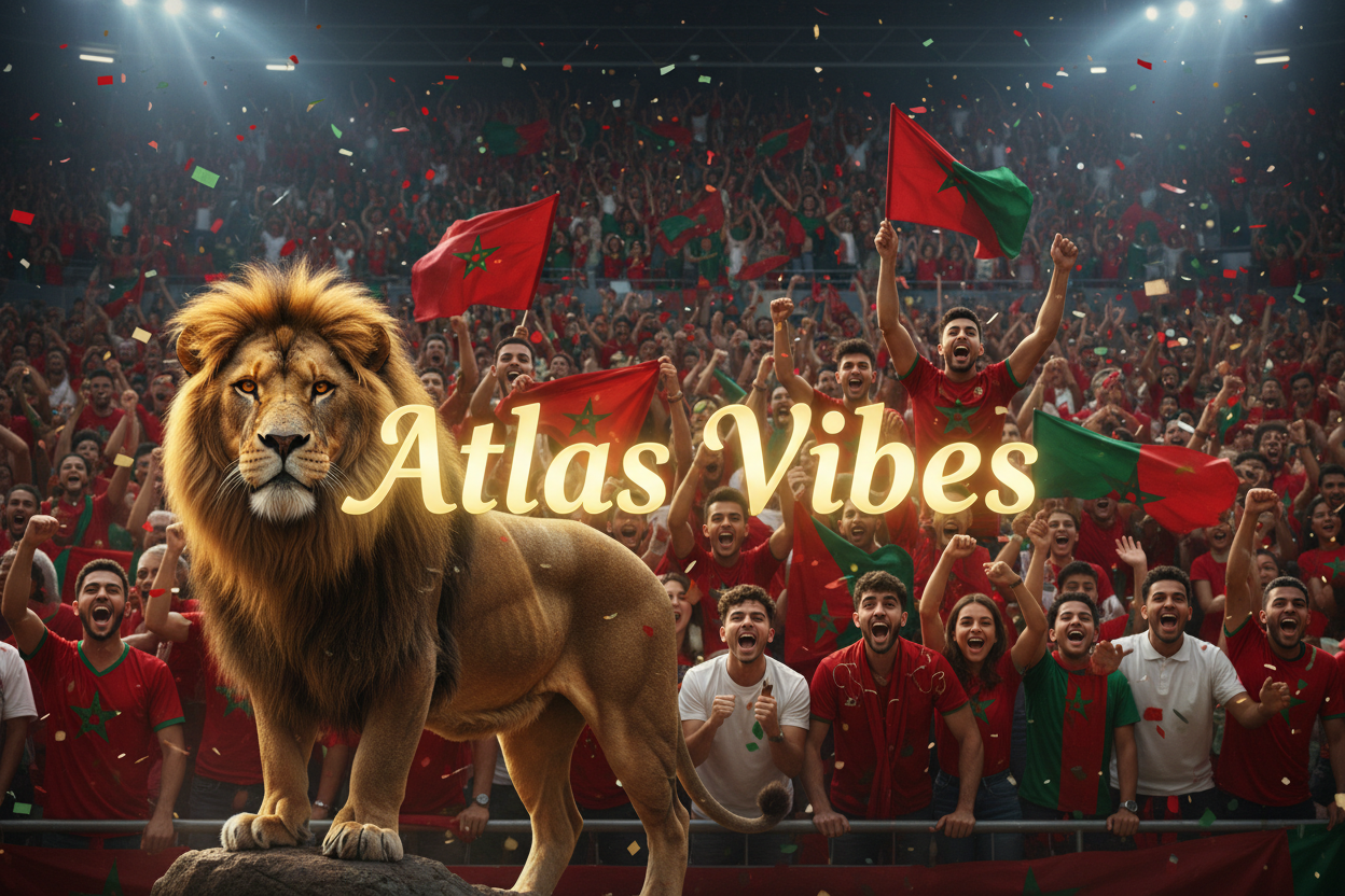tade de foot marocain en folie avec aussi une image d un lion realiste car l equipe s apelle les lions de l atlas faut egalement en titre Atlas Vibes couleur or positionee au millieu qu on le voit bien sur ma banniere boutique shopify